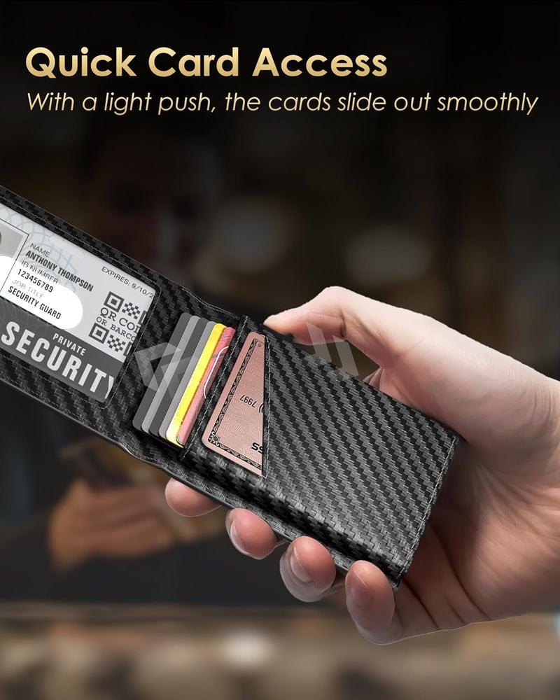 QLD 2025 Upgraded Minimalist Wallet for Men - RFID Blocking Credit Card Holder Case Leather Pop Up Aluminum Wallet with Cash Slot, Front Pocket ID Window Gift Boxed (Carbon Fiber - with Airtag Holder) - Image 3